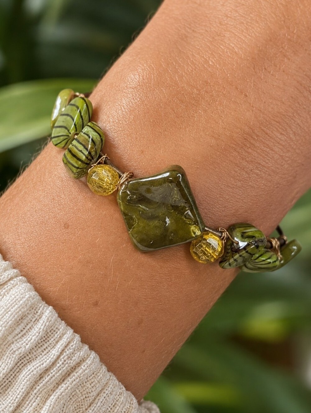 Assorted Green Glass Wire Wrapped Beaded Bracelet Vintage Artisan One Of A Kind